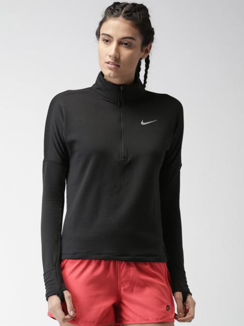 

Nike Women Black Self Design AS W NK THRMA SPHR ELMNT H Running T-shirt