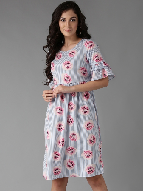 

HERE&NOW Women Blue Printed Fit & Flare Dress