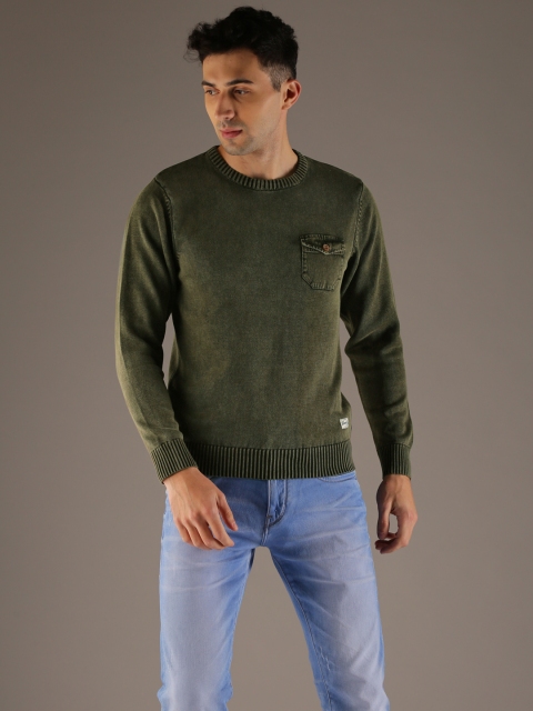 

Flying Machine Men Green Solid Pullover Sweater