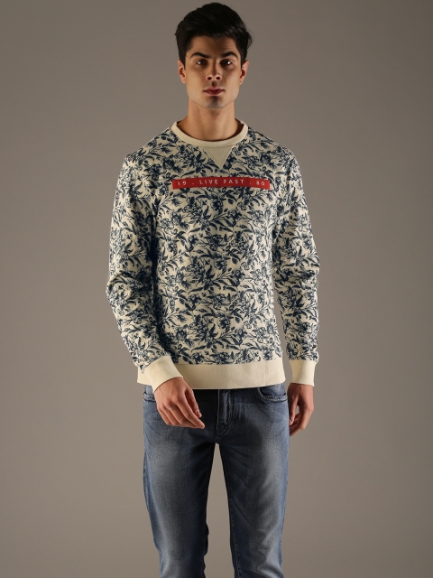 

Flying Machine Men Beige & Navy Blue Printed Sweatshirt