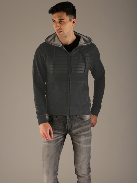 

Flying Machine Men Charcoal Grey Printed Hooded Sweatshirt