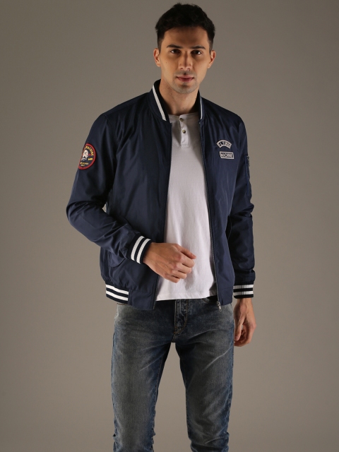 

Flying Machine Men Navy Blue Solid Bomber Jacket