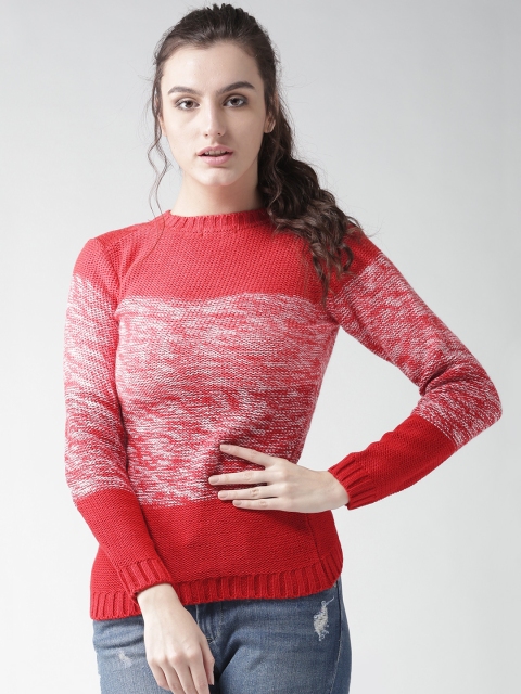 

Species Women Coral Red & Off-White Self Design Sweater