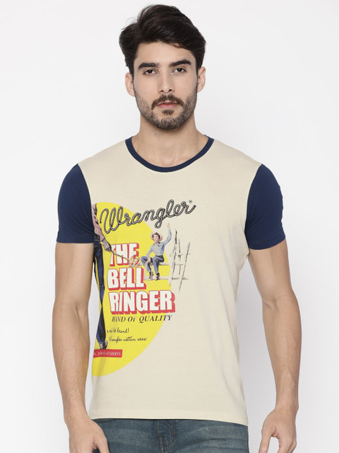 

Wrangler Men Cream Printed Round Neck Pure Cotton T-shirt