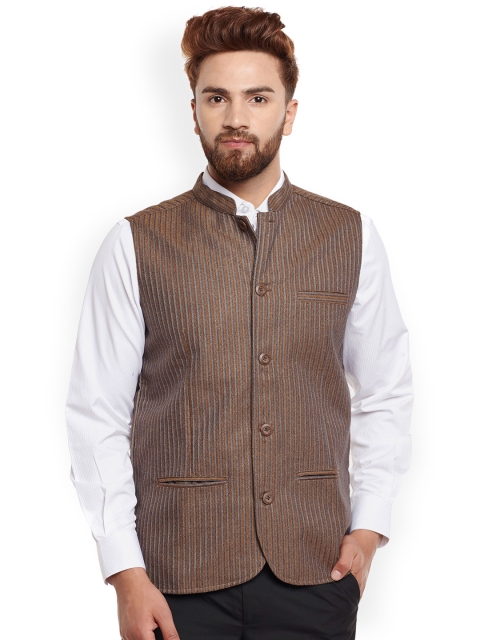 

even Men Brown Striped Woollen Nehru Jacket