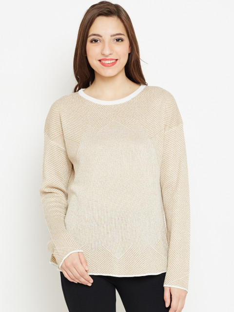 

AND Women Beige & White Self-Striped Shimmer Top