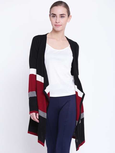 

AND Women Black & Maroon Striped Front-Open Cardigan