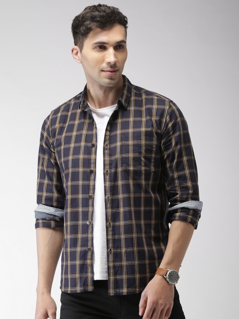 

Harvard Men Navy & Yellow Regular Fit Checked Casual Shirt, Navy blue