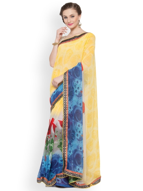 

Kvsfab Yellow & Blue Poly Georgette Printed Saree