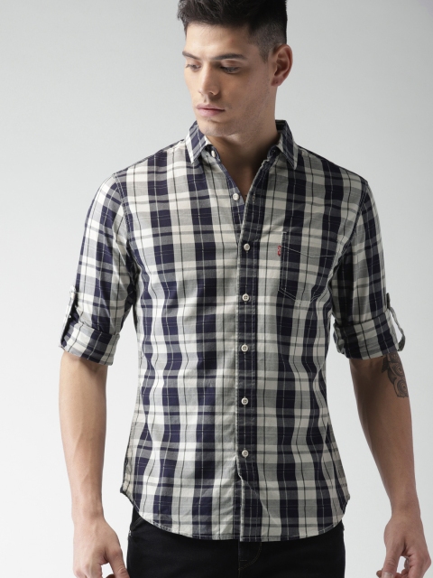 

Levis Men Navy & Off-White Slim Fit Checked Casual Shirt, Navy blue