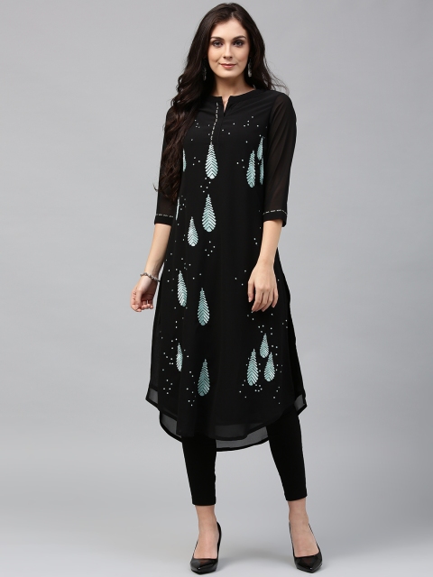 

Rain & Rainbow Women Black & Green Embroidered Straight Kurta