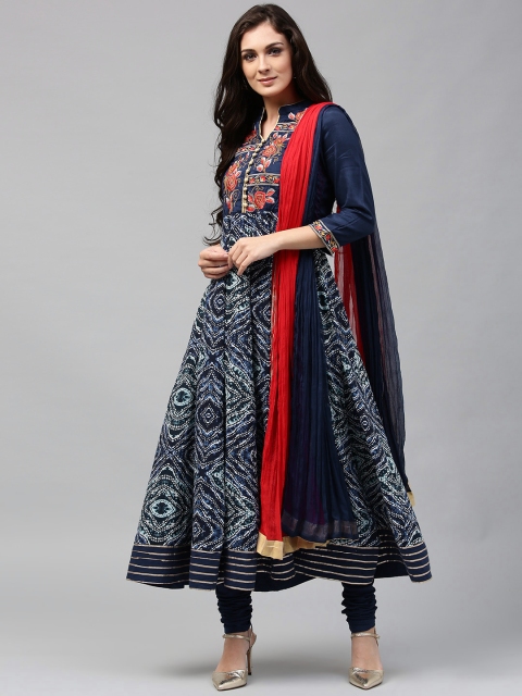 

Rain & Rainbow Women Navy & White Printed Anarkali Kurta with Churidar & Dupatta, Navy blue