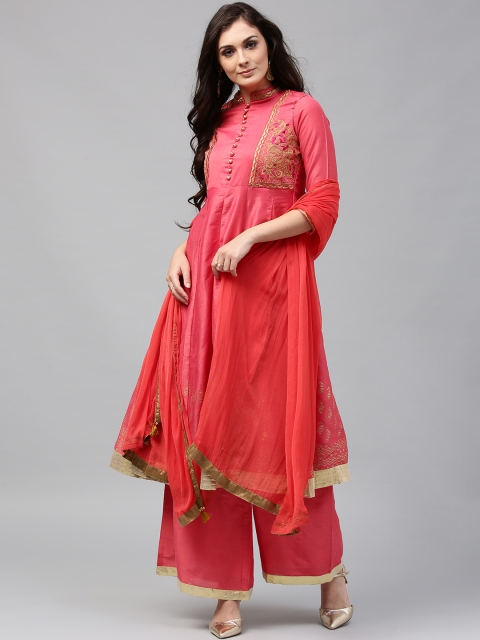 

Rain & Rainbow Women Pink Embroidered Kurta with Palazzos & Dupatta