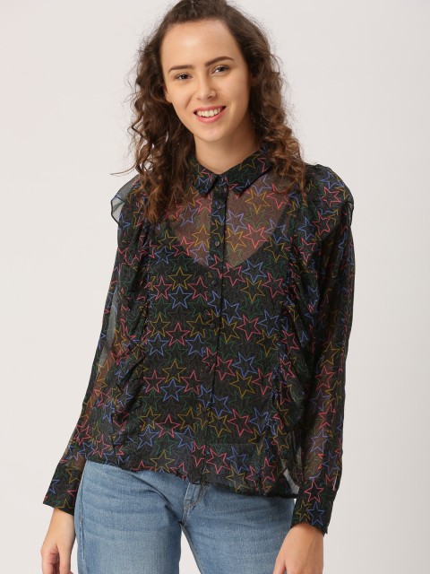 

DressBerry Women Black Printed Sheer Shirt Style Top