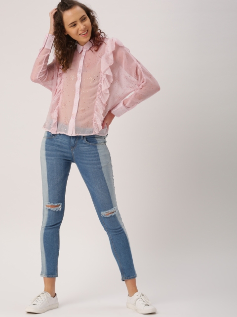 

DressBerry Women Pink Printed Sheer Shirt Style Top
