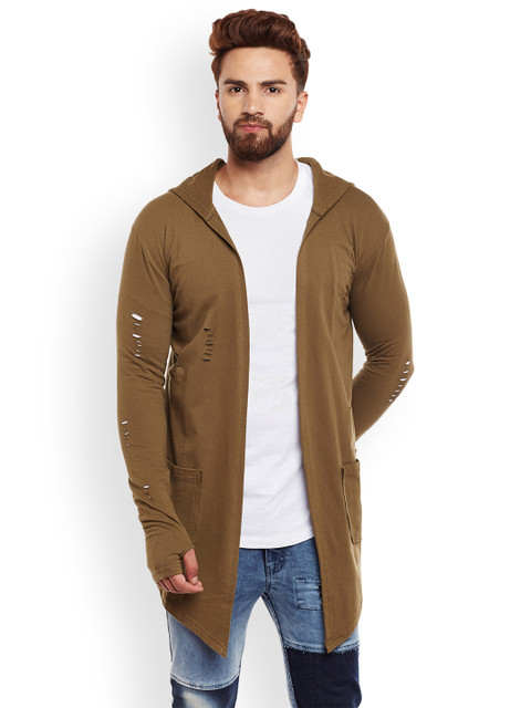 

FUGAZEE Men Khaki Solid Front-Open Hooded Sweater