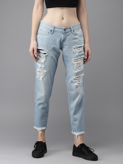 

HERE&NOW Women Blue Boyfriend Fit Mid-Rise Highly Distressed Cropped Jeans