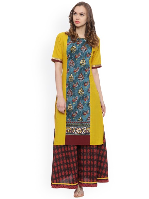 

Avaana Women Mustard & Blue Solid Straight Kurta