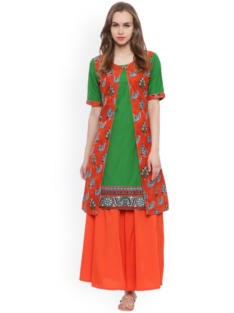 

Avaana Women Green & Red Printed Straight Kurta