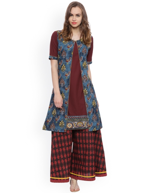 

Avaana Women Maroon & Blue Printed A-Line Kurta