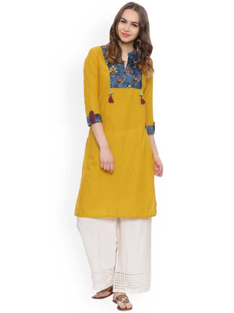 

Avaana Women Mustard Solid Straight Kurta