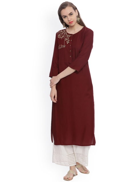 

Avaana Women Maroon Solid Straight Kurta