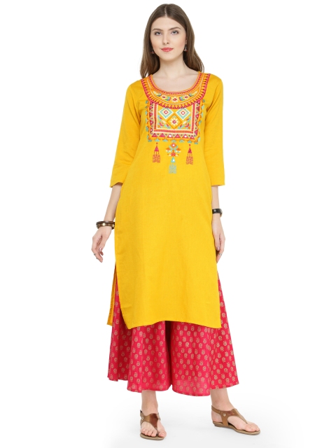 

Varanga Women Yellow Embroidered Straight Kurta