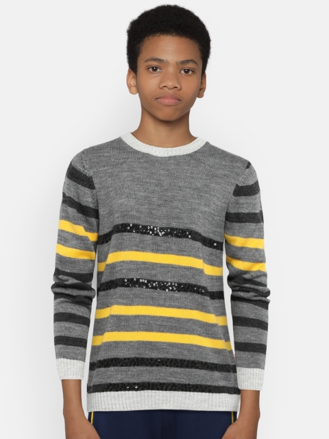 

Wingsfield Girls Grey & Yellow Embellished Striped Pullover
