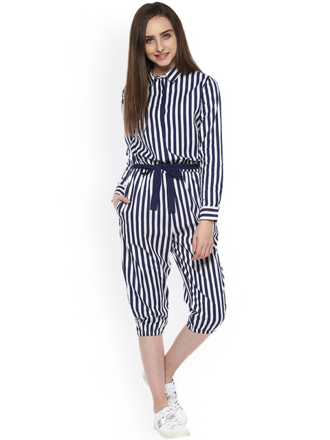 

STREET 9 White & Blue Striped Jumpsuit