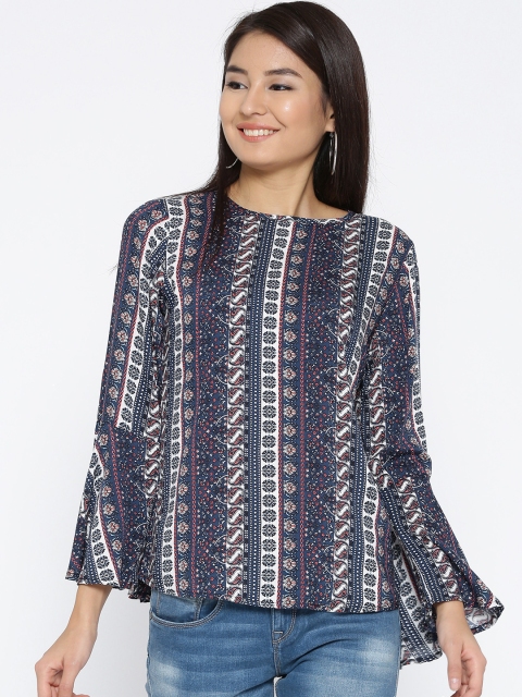 Sera Women Navy Blue & White Printed A-Line Top