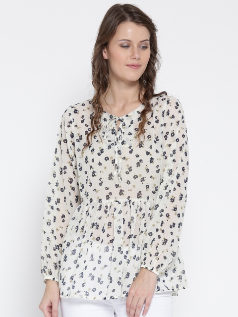 

Sera Women Off-White & Navy Printed A-Line Top