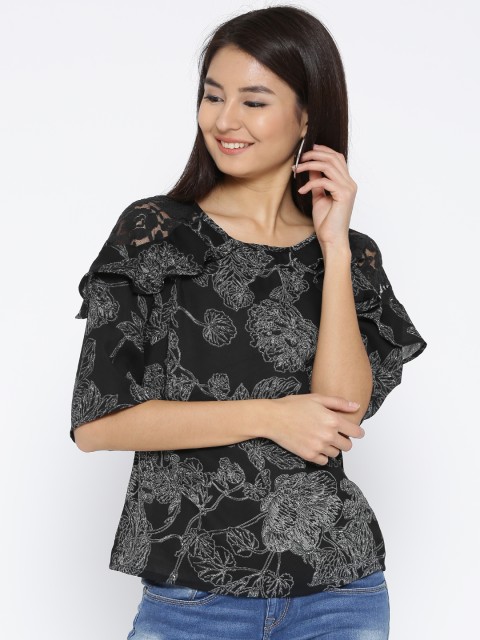 

Sera Women Black Floral Print A-Line Top