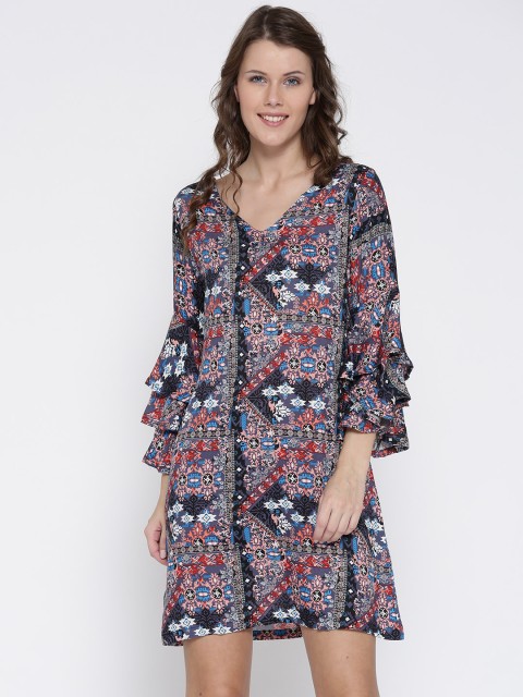 

Sera Women Blue & Peach-Coloured Printed A-Line Dress