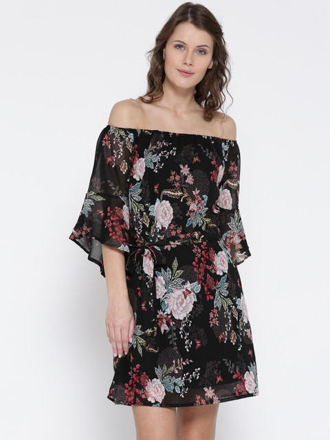 

Sera Women Black Floral Print Off-Shoulder A-Line Dress