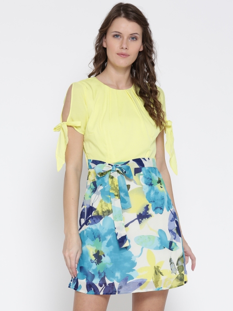

Sera Women Yellow & Blue Printed Belted A-Line Dress