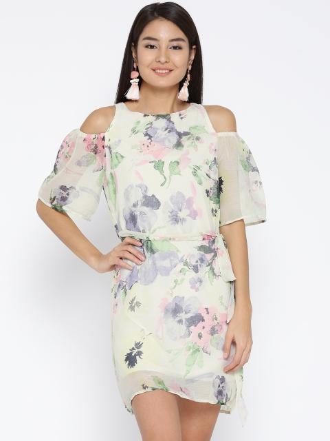 

Sera Women Cream-Coloured Floral Print Cold Shoulder A-Line Dress