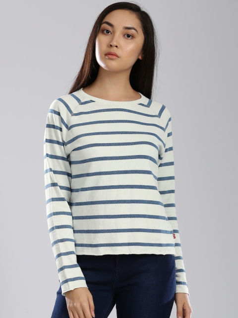 

Levis Women White & Blue Striped Sweatshirt