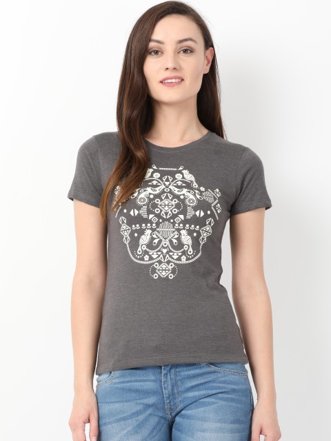 

Alibi Women Grey Melange Printed Round Neck T-shirt