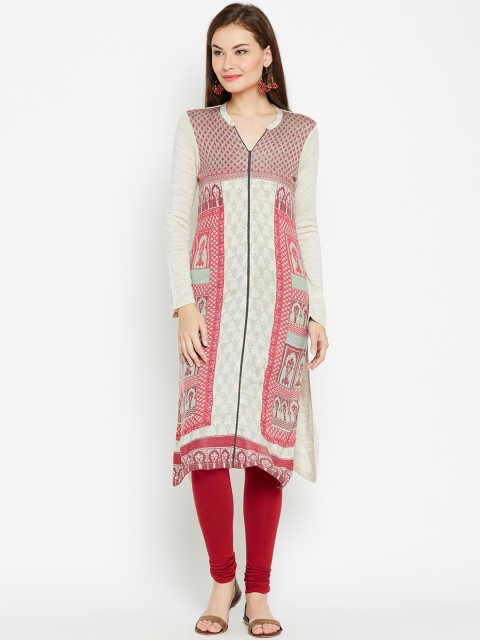 

AURELIA Women Beige & Pink Knitted Pattern Straight Kurta