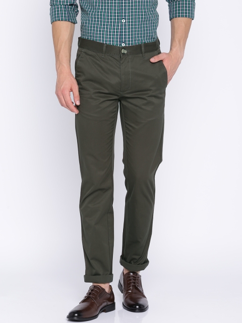 

Peter England Casuals Men Olive Green Super Slim Fit Solid Chinos