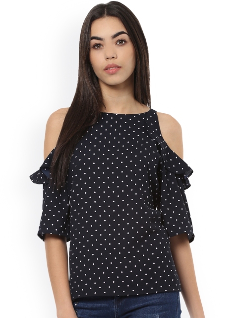 

Harpa Women Navy Blue Printed Cold Shoulder Top
