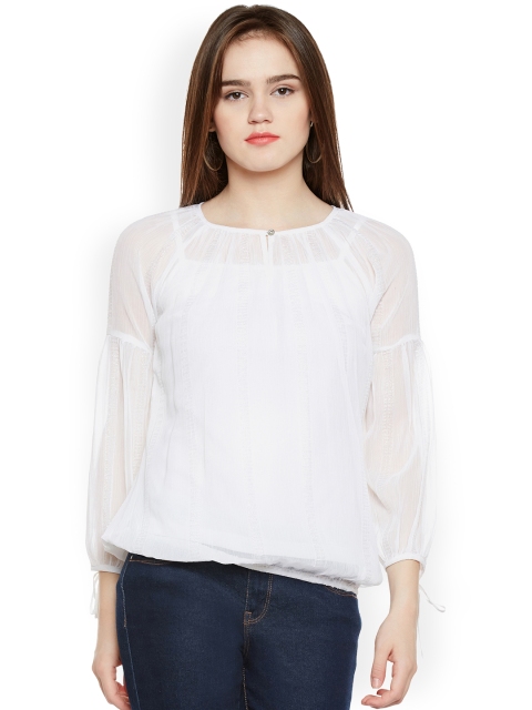 

Oxolloxo Women White Solid Semi-Sheer Blouson Top