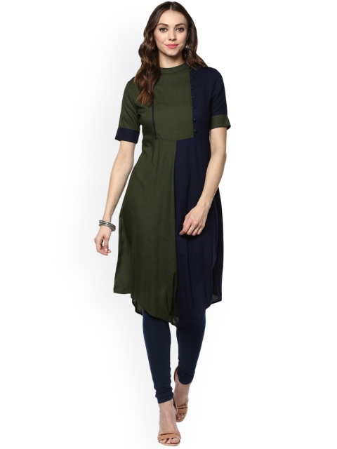 

STREET 9 Women Olive Green & Navy Blue Colourblocked A-Line Kurta