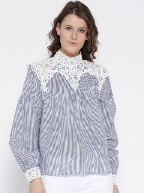 

Vero Moda Women Blue & White Striped Lace Detail A-Line Top