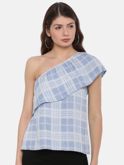 

Vero Moda Women Blue & White Checked One Shoulder Top