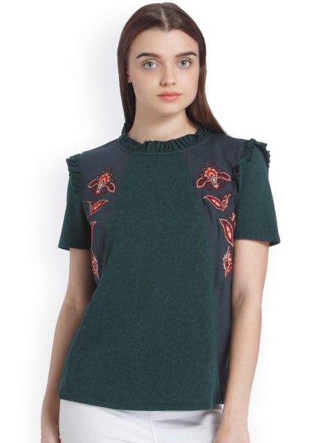 

Vero Moda Women Green Floral Embroidered Top