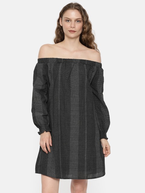 

Vero Moda Women Black Self Design A-Line Off-shoulder Bardot Dress