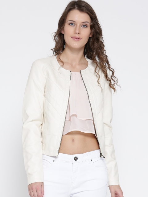 

Vero Moda Women Cream-Coloured Solid Biker Jacket