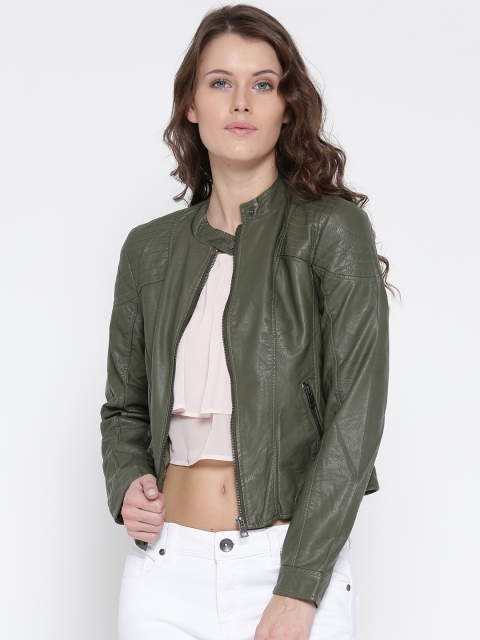 

Vero Moda Women Olive Green Solid Biker Jacket