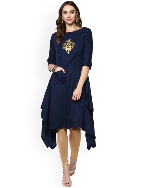 

STREET 9 Women Navy Blue Embroidered A-Line Kurta